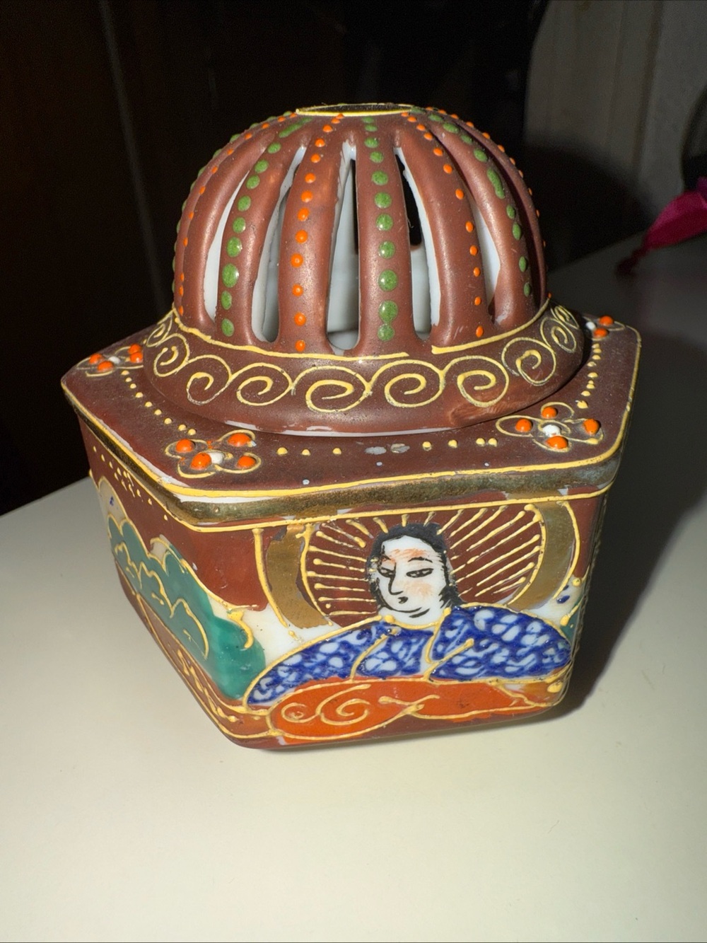Vintage Japanese Satsuma Incense Burner With Lid Porcelain-Footed Decorative
